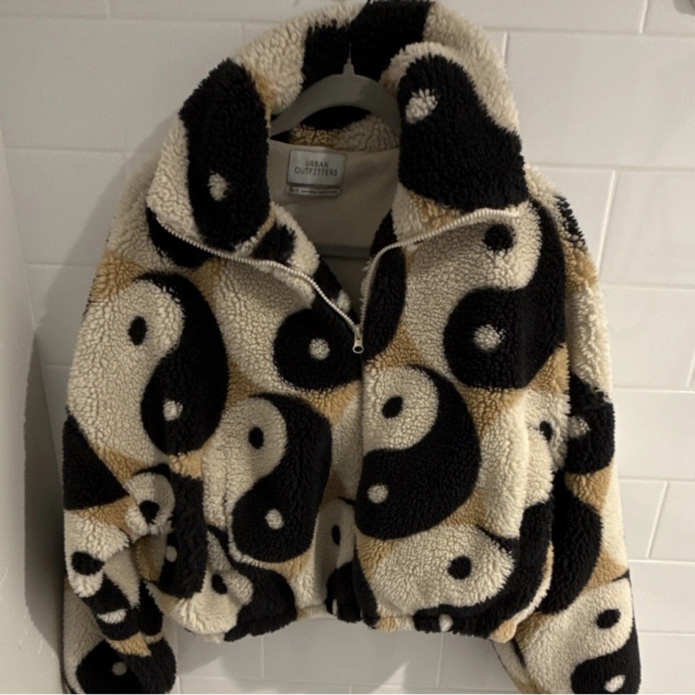 Urban Outfitters Black & Cream Sherpa Zip Jacket with Yin Yang Detail